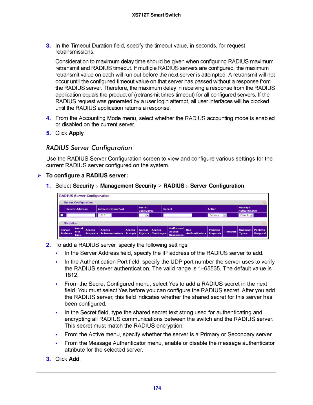 NETGEAR XS712T-100NES manual Radius Server Configuration, 174 