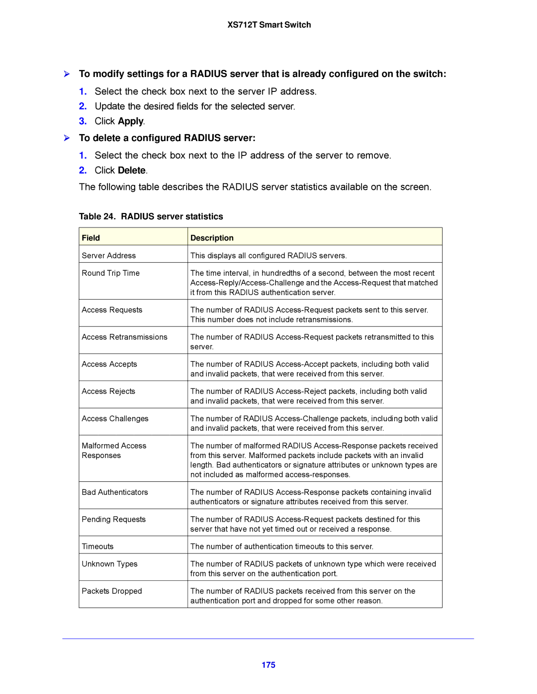 NETGEAR XS712T-100NES manual  To delete a configured Radius server, Radius server statistics, 175 