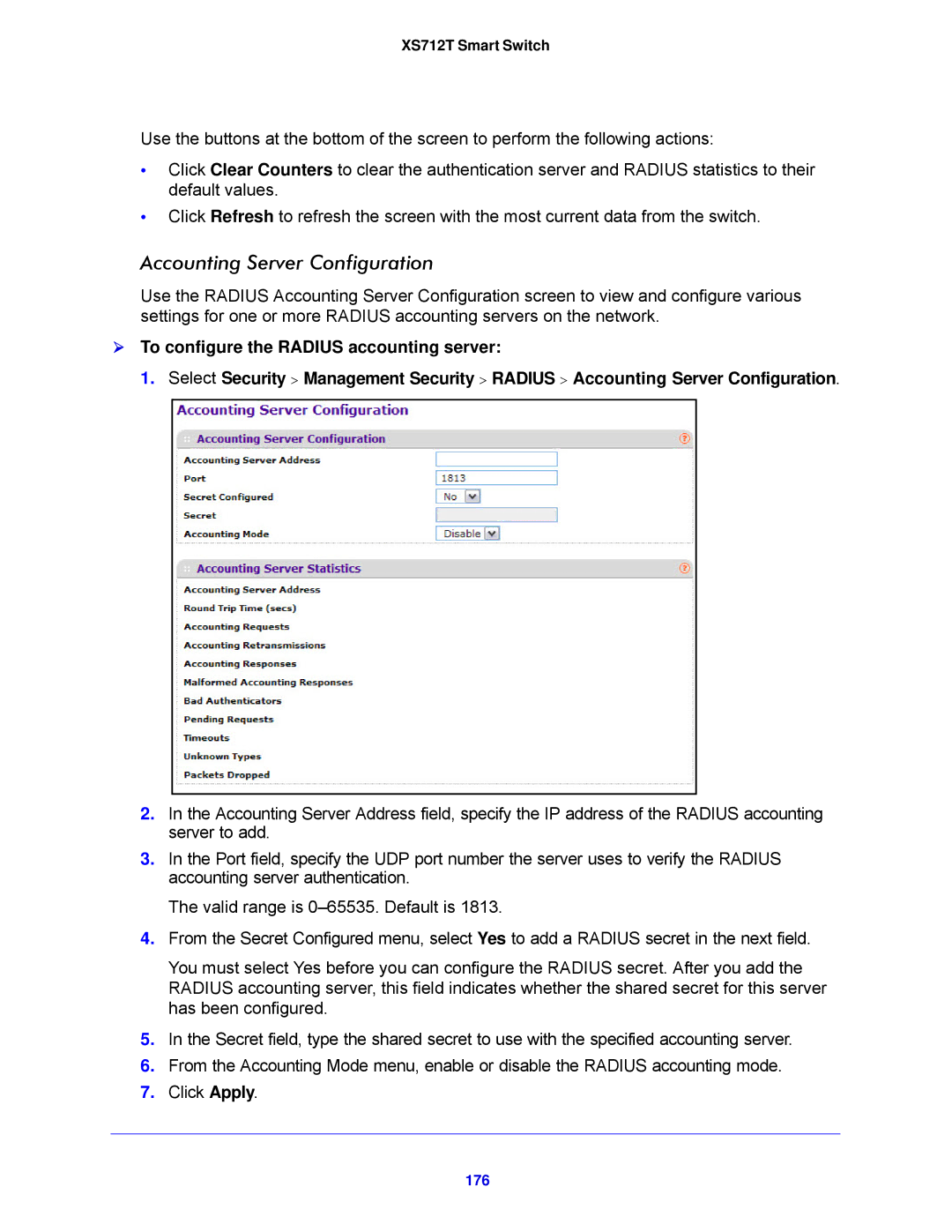 NETGEAR XS712T-100NES manual Accounting Server Configuration, 176 