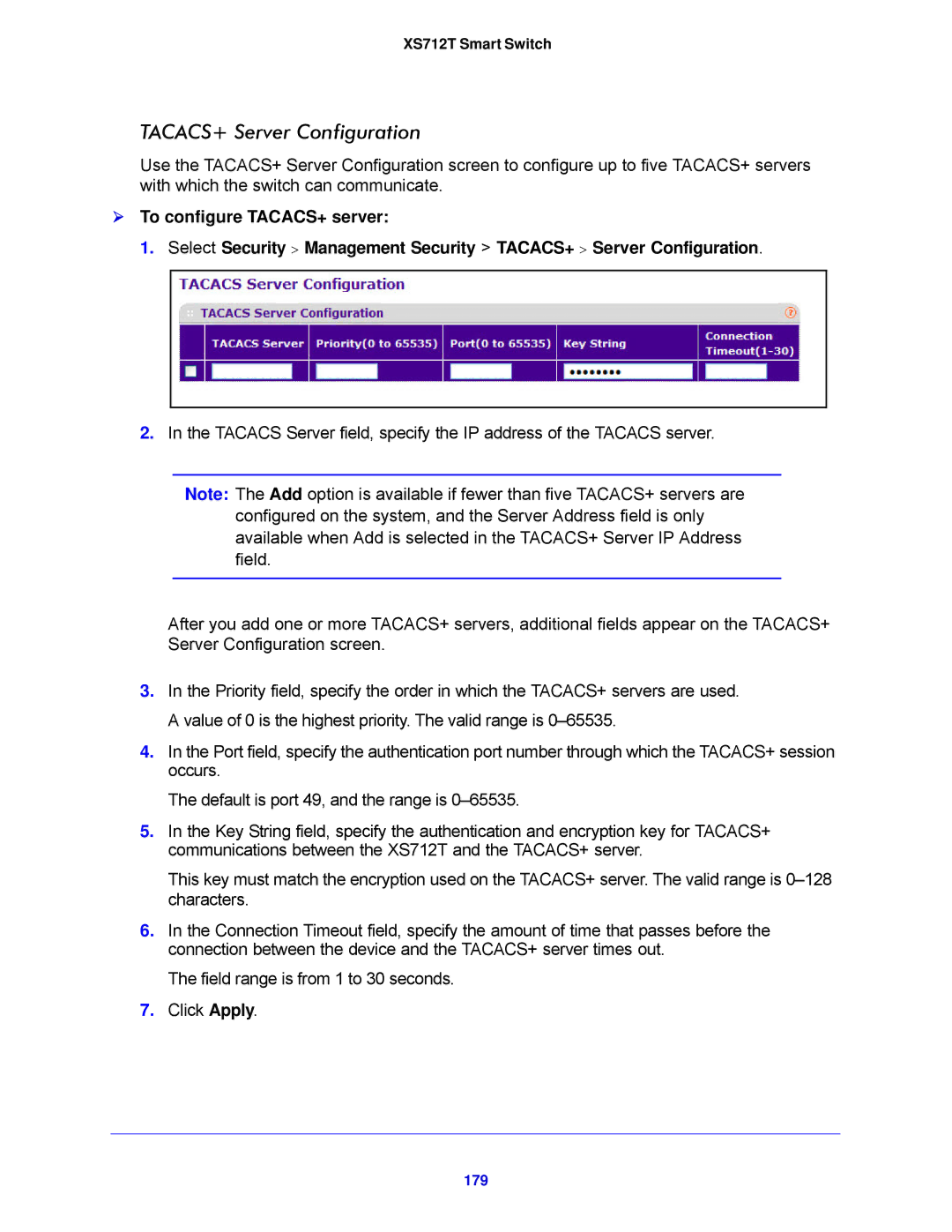 NETGEAR XS712T-100NES manual TACACS+ Server Configuration, 179 