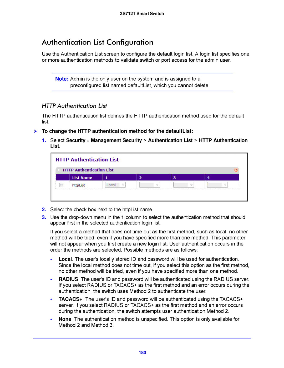 NETGEAR XS712T-100NES manual Authentication List Configuration, Http Authentication List, 180 