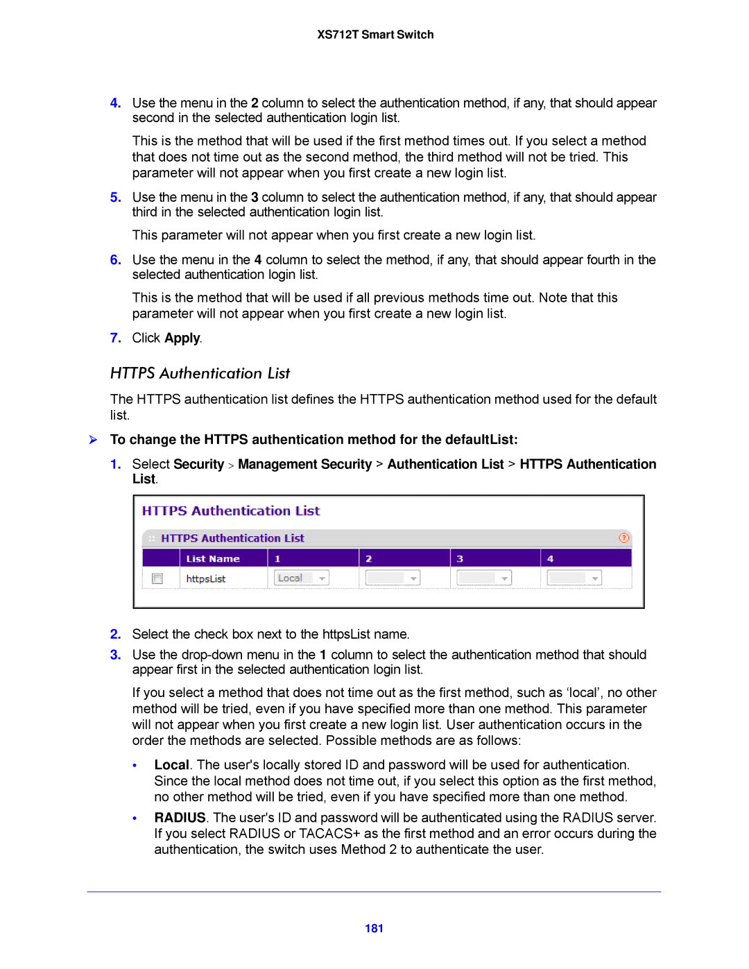 NETGEAR XS712T-100NES manual Https Authentication List, 181 