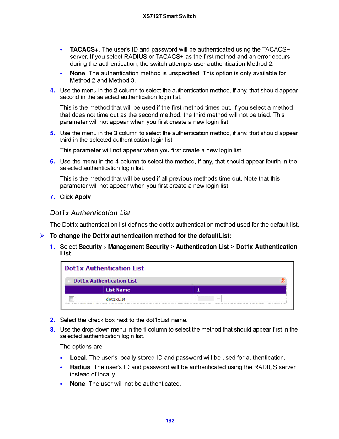 NETGEAR XS712T-100NES manual Dot1x Authentication List, 182 