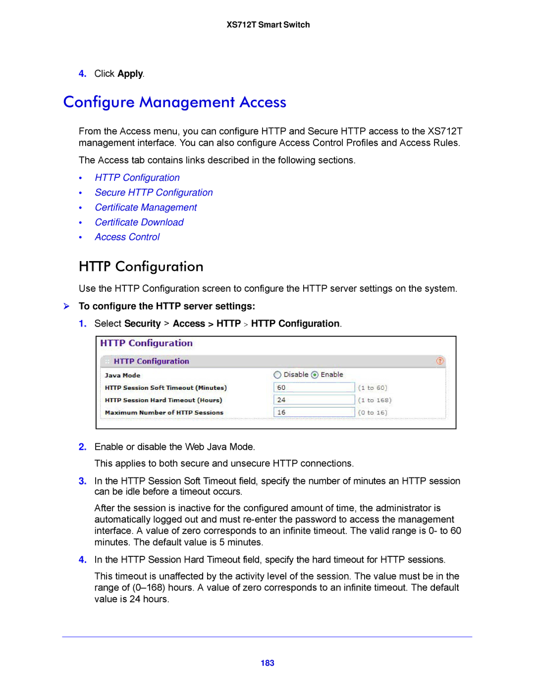 NETGEAR XS712T-100NES manual Configure Management Access, Http Configuration, 183 