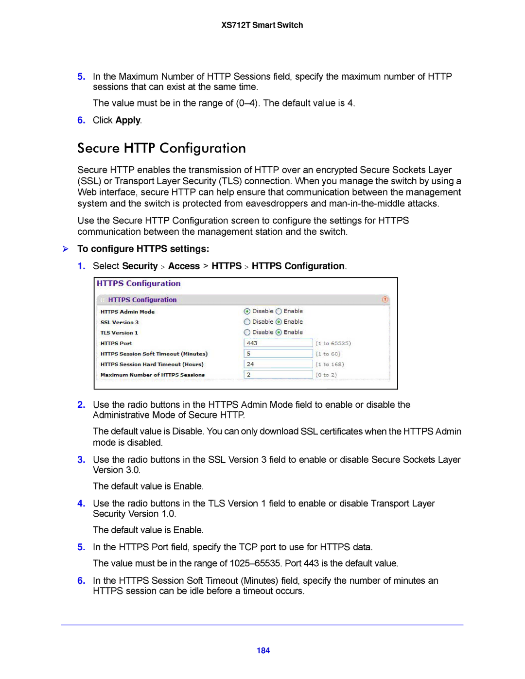 NETGEAR XS712T-100NES manual Secure Http Configuration, 184 