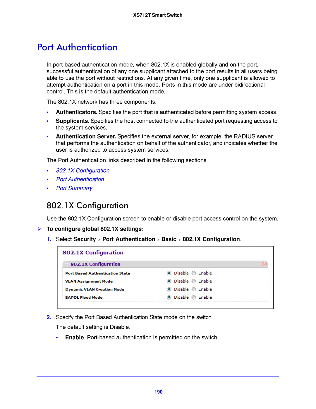 NETGEAR XS712T-100NES manual Port Authentication, 802.1X Configuration, 190 