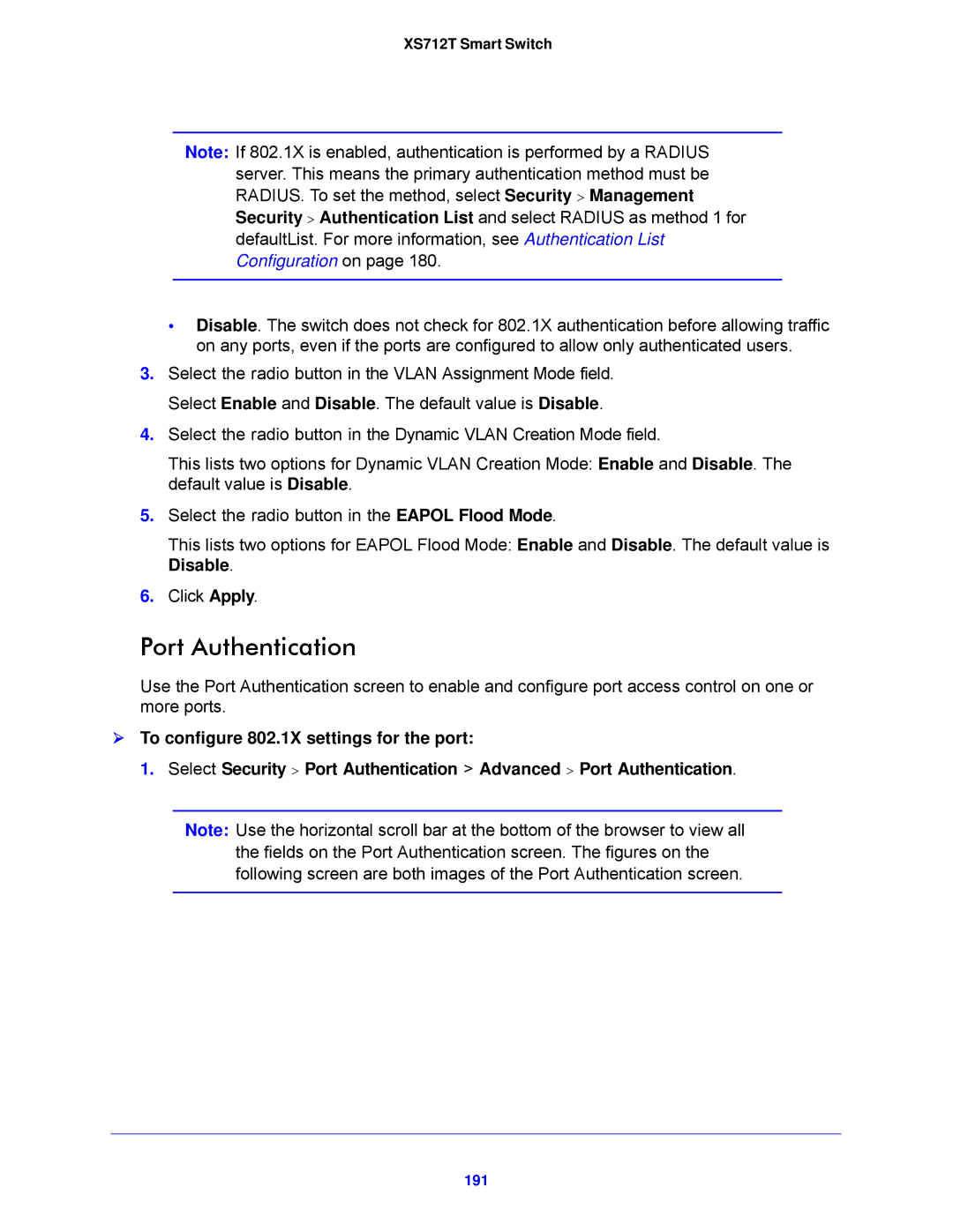 NETGEAR XS712T-100NES manual Port Authentication, 191 