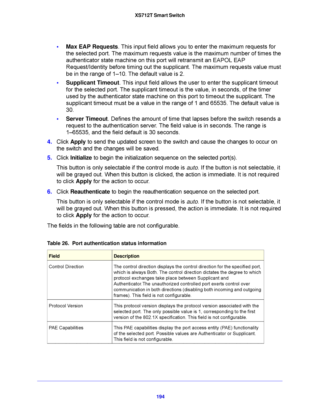 NETGEAR XS712T-100NES manual Port authentication status information, 194 