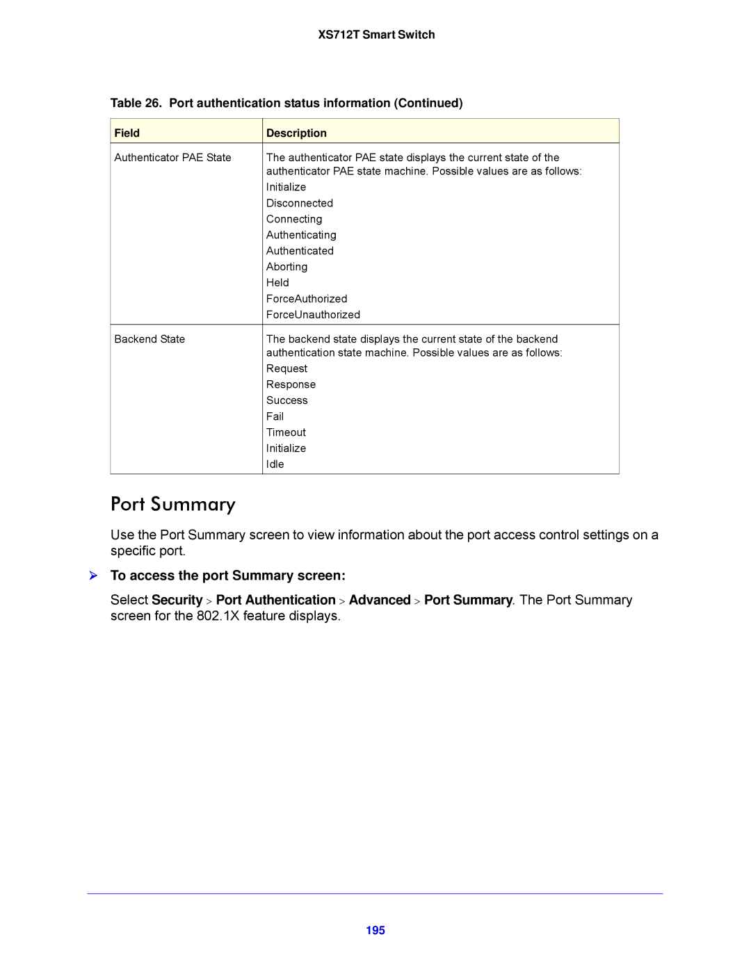 NETGEAR XS712T-100NES manual Port Summary,  To access the port Summary screen, 195 