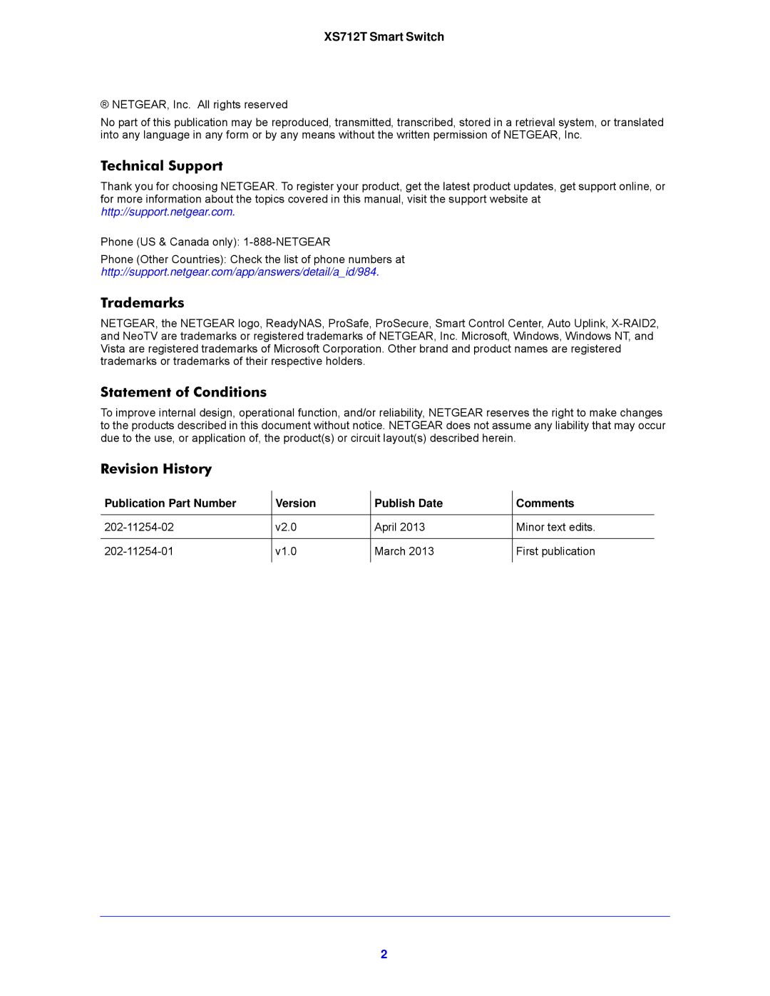 NETGEAR XS712T-100NES manual Technical Support, Trademarks, Statement of Conditions, Revision History, XS712T Smart Switch 