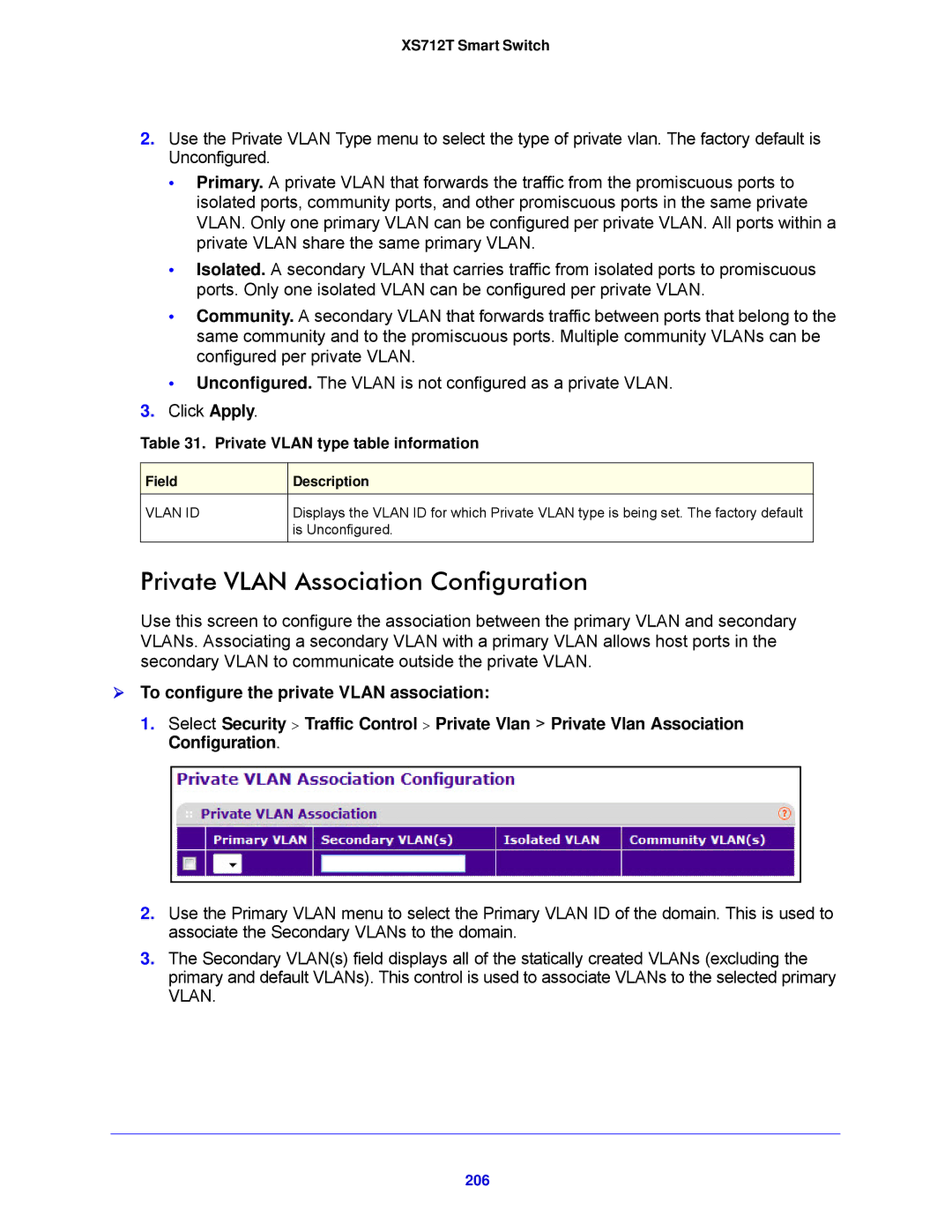 NETGEAR XS712T-100NES manual Private Vlan Association Configuration, Private Vlan type table information, 206 