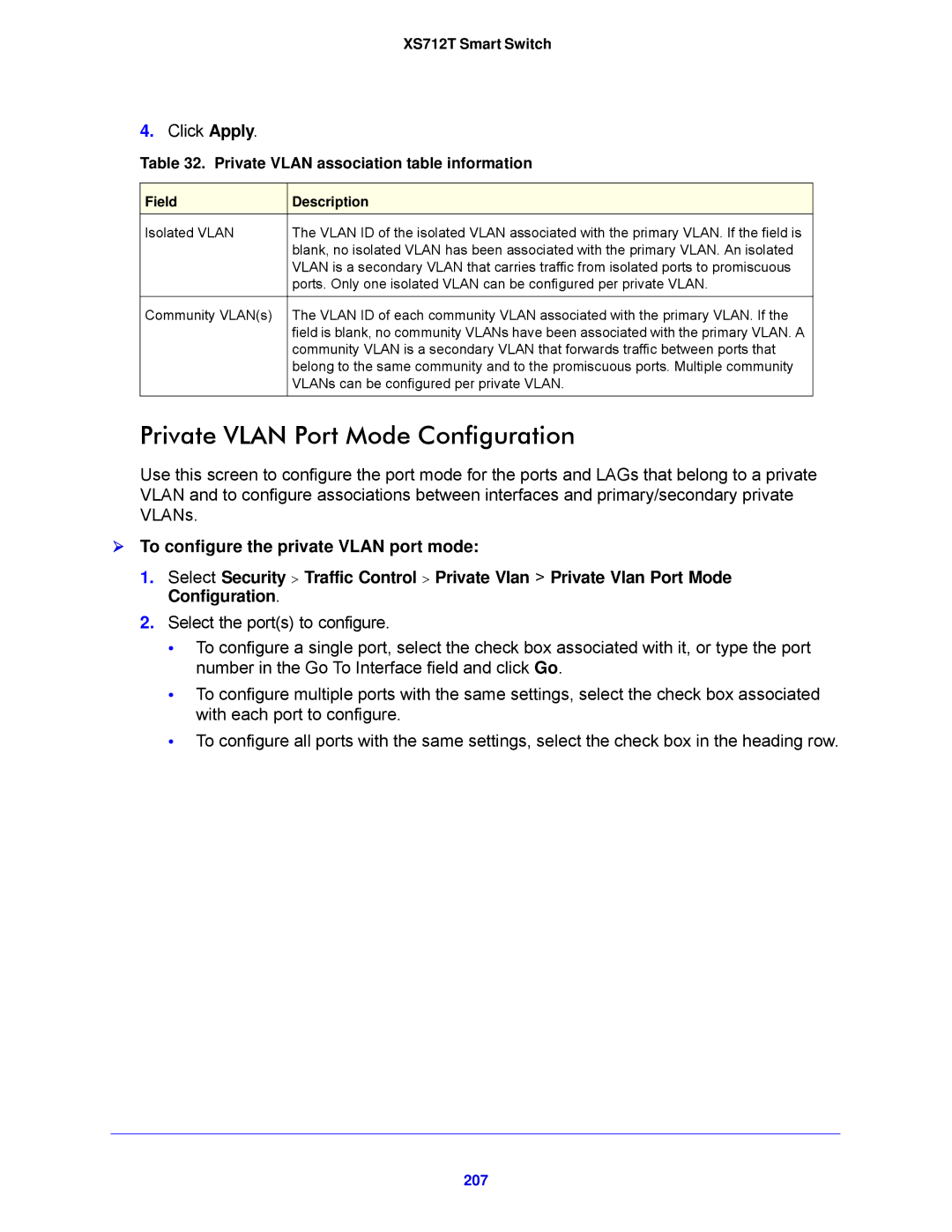 NETGEAR XS712T-100NES manual Private Vlan Port Mode Configuration, Private Vlan association table information, 207 