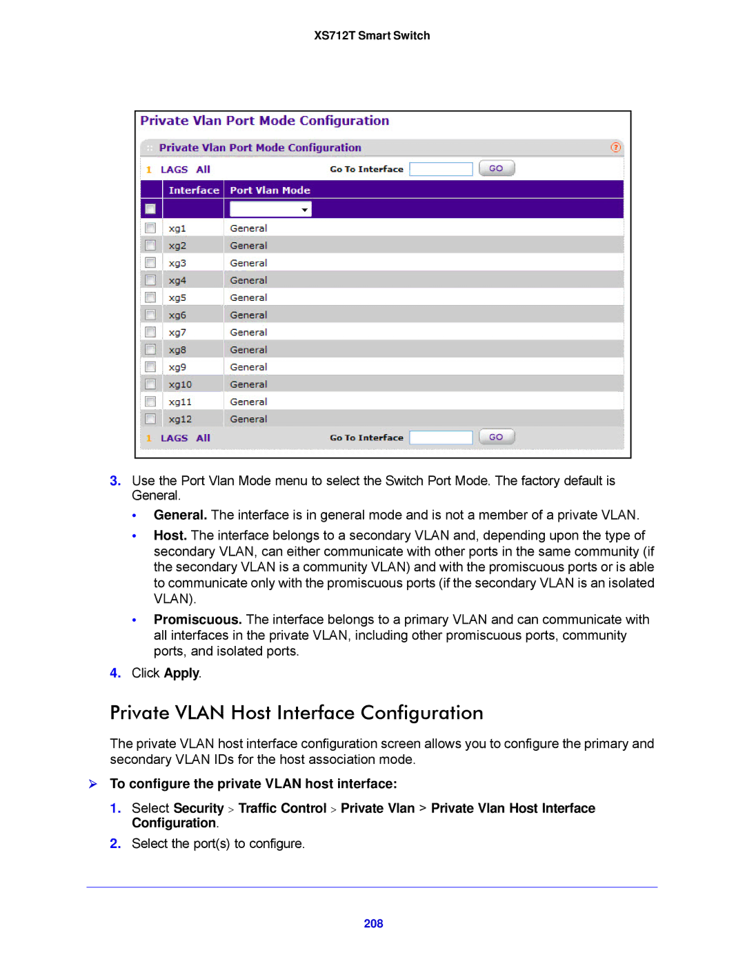 NETGEAR XS712T-100NES manual Private Vlan Host Interface Configuration, 208 