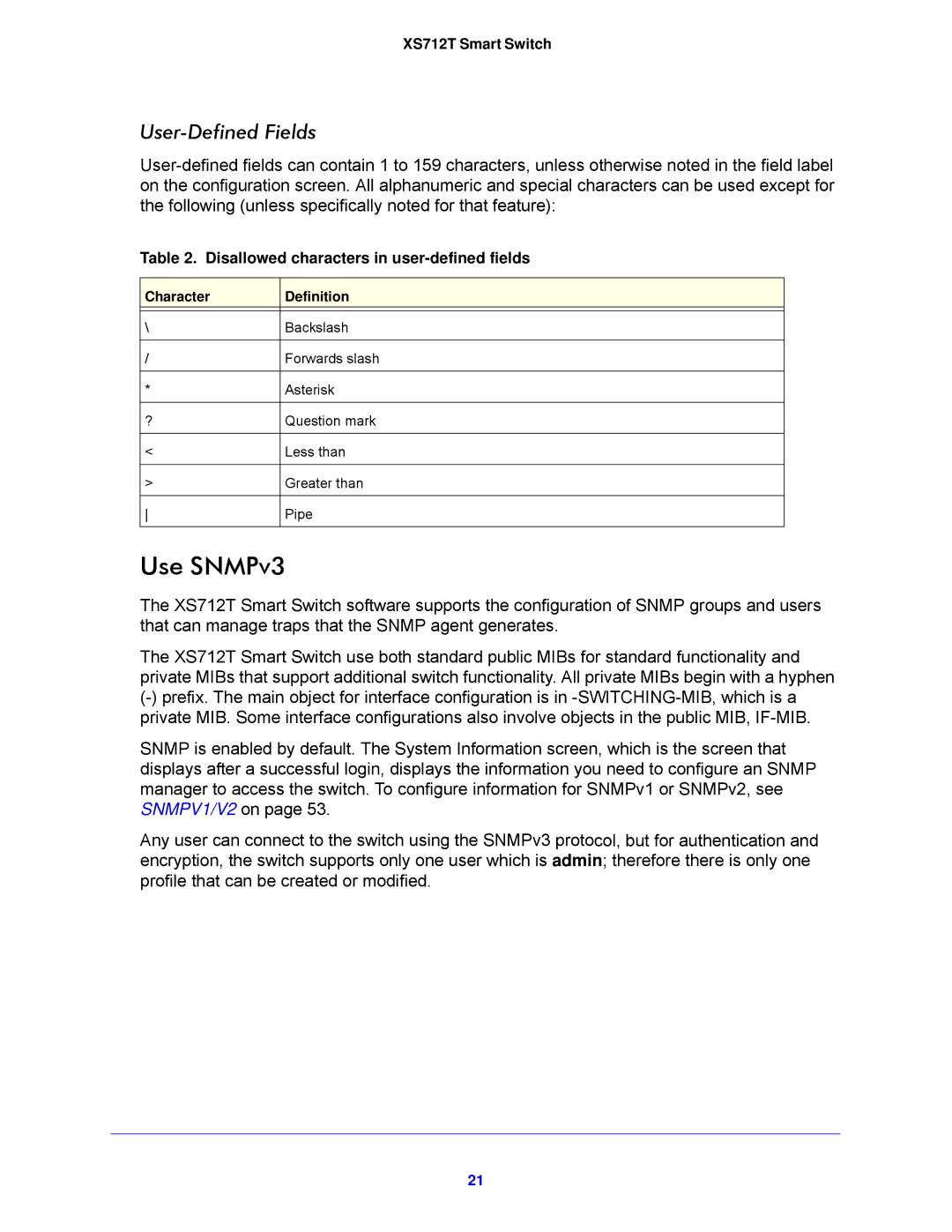 NETGEAR XS712T-100NES manual Use SNMPv3, User-Defined Fields, Disallowed characters in user-defined fields 