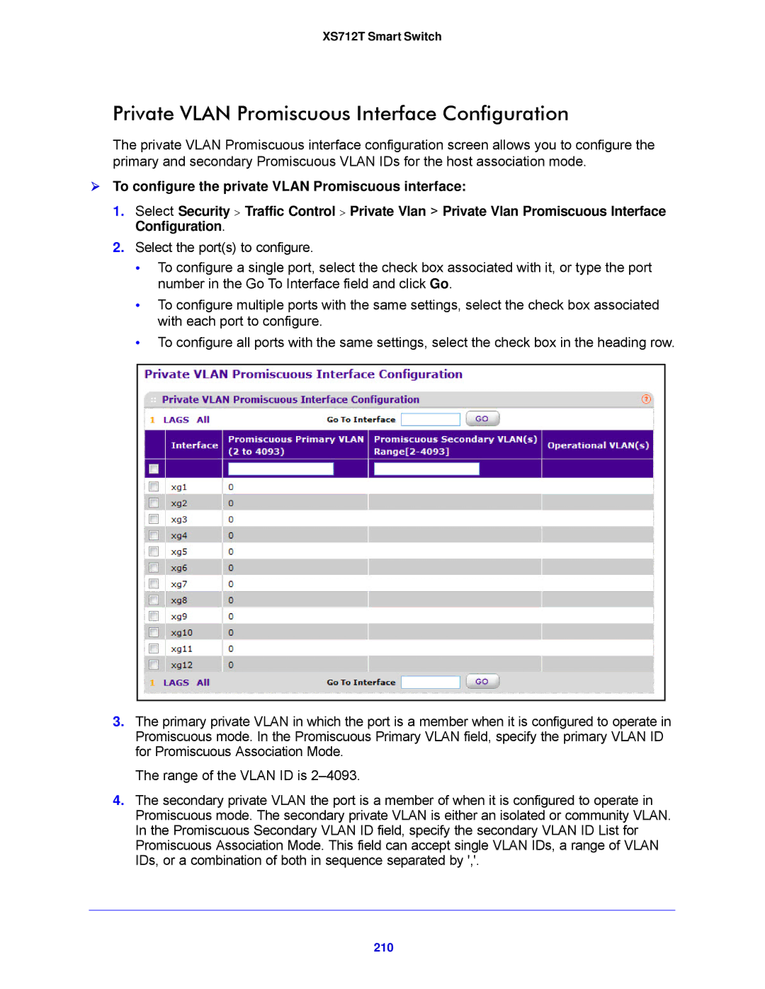 NETGEAR XS712T-100NES manual Private Vlan Promiscuous Interface Configuration, 210 