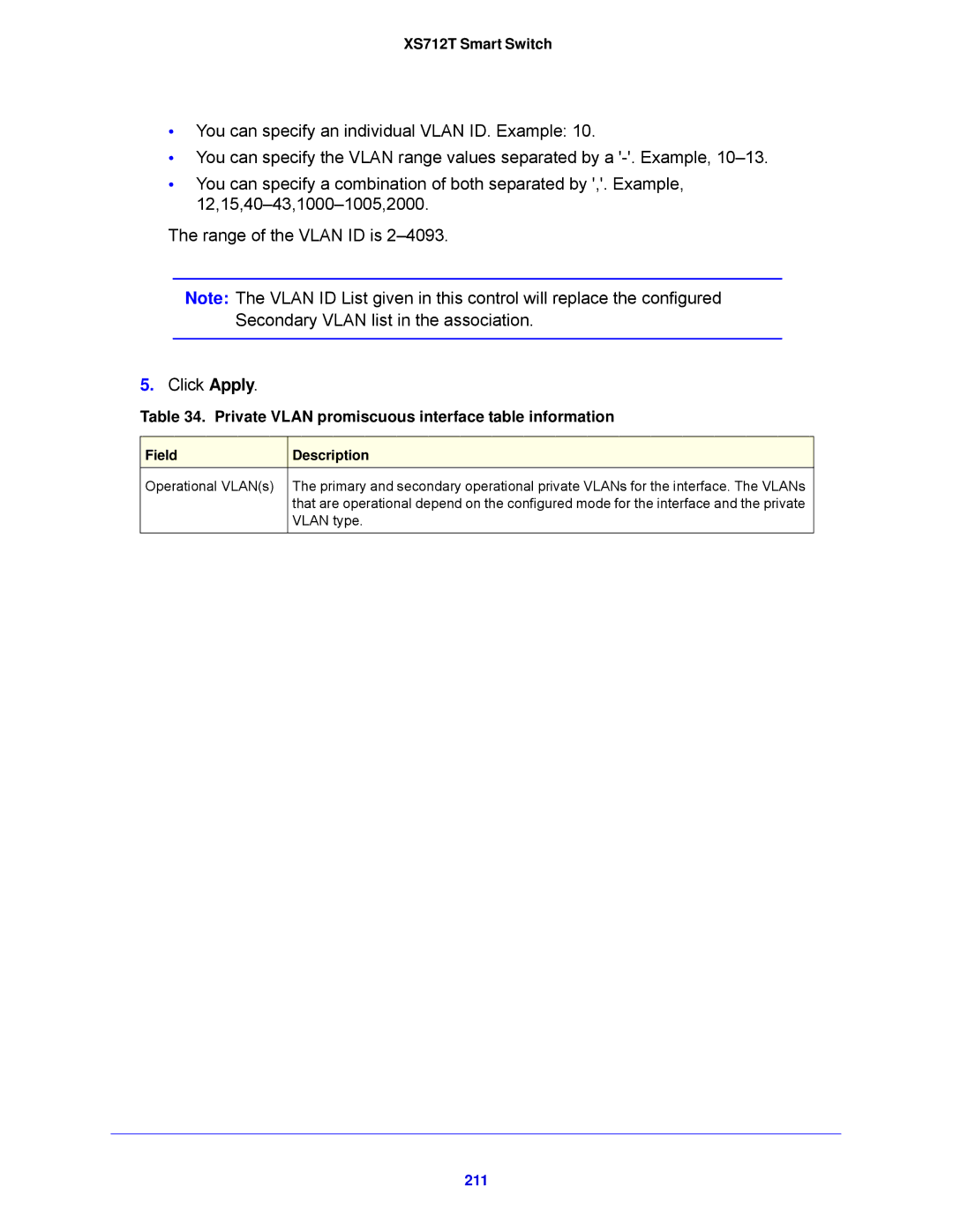 NETGEAR XS712T-100NES manual Private Vlan promiscuous interface table information, 211 