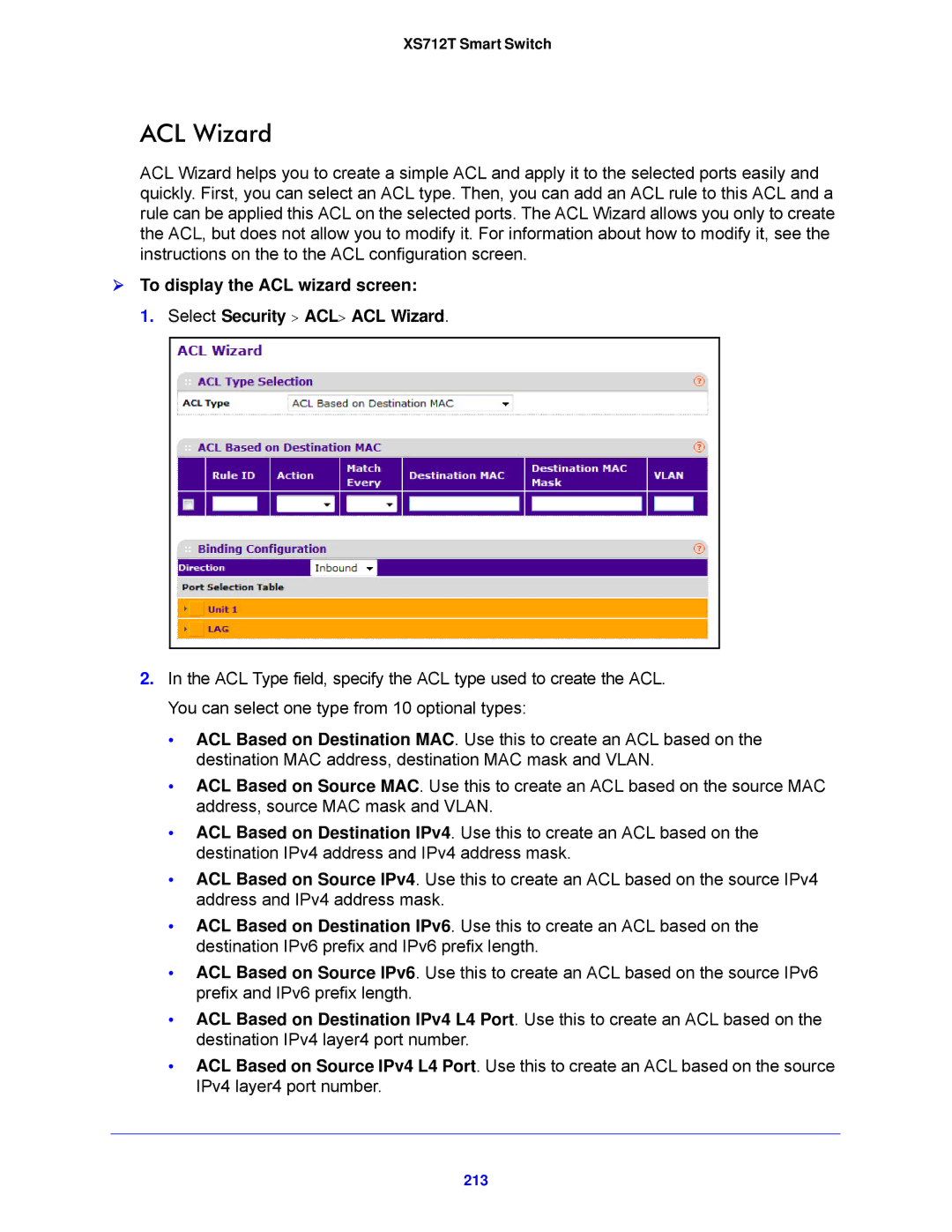 NETGEAR XS712T-100NES manual ACL Wizard, 213 