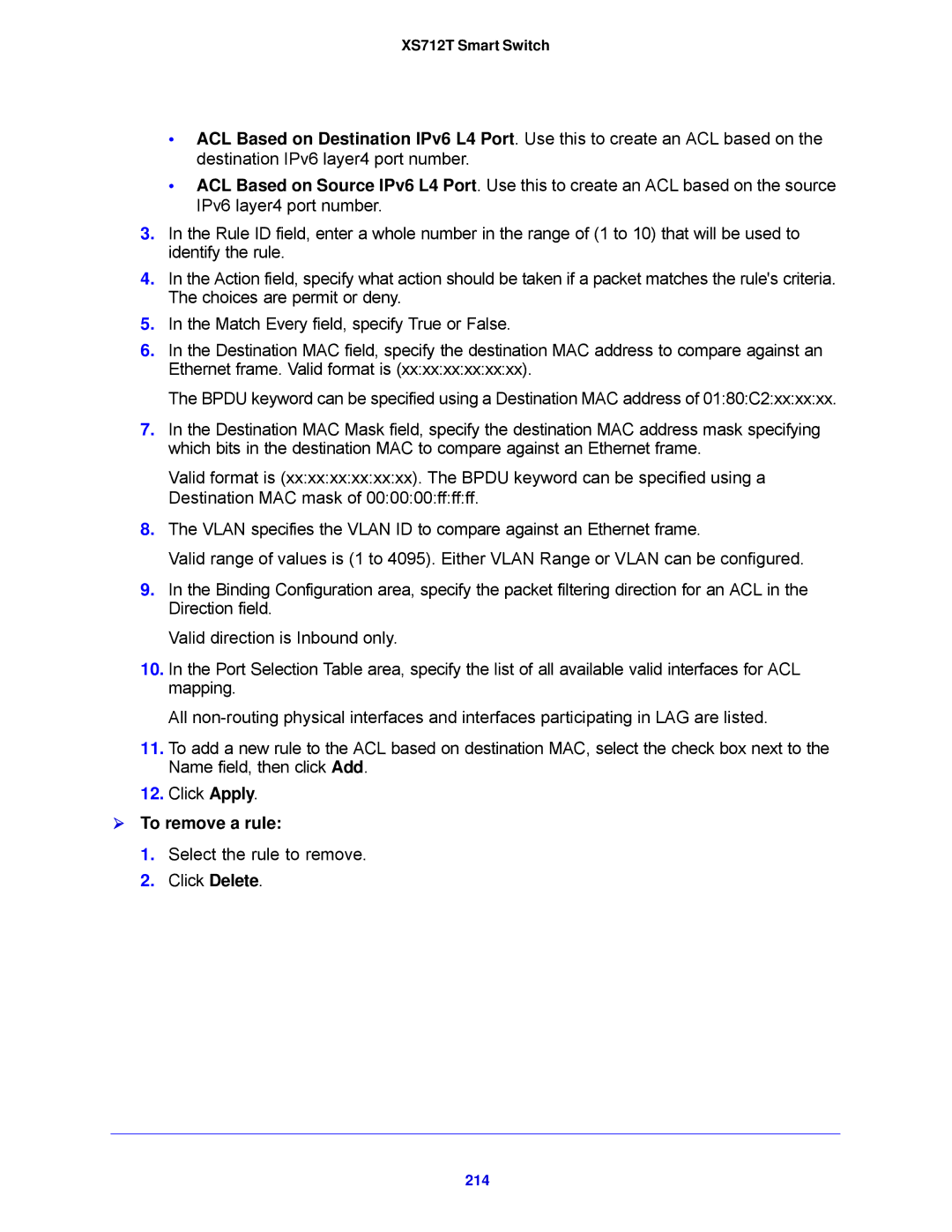 NETGEAR XS712T-100NES manual  To remove a rule, 214 