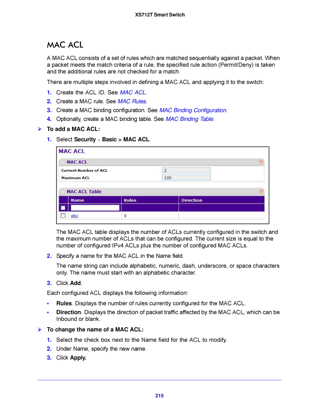 NETGEAR XS712T-100NES manual  To add a MAC ACL Select Security Basic MAC ACL,  To change the name of a MAC ACL, 215 