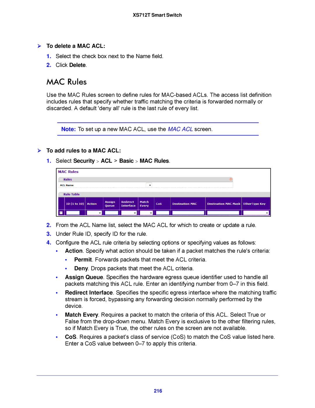 NETGEAR XS712T-100NES manual MAC Rules,  To delete a MAC ACL, 216 