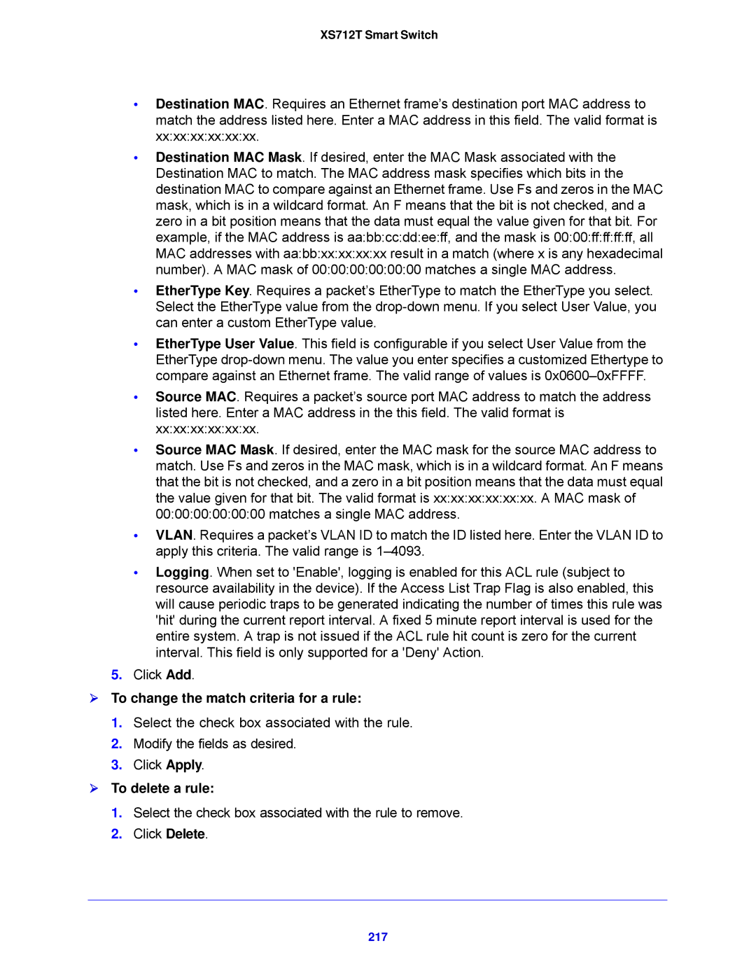 NETGEAR XS712T-100NES manual  To change the match criteria for a rule,  To delete a rule, 217 