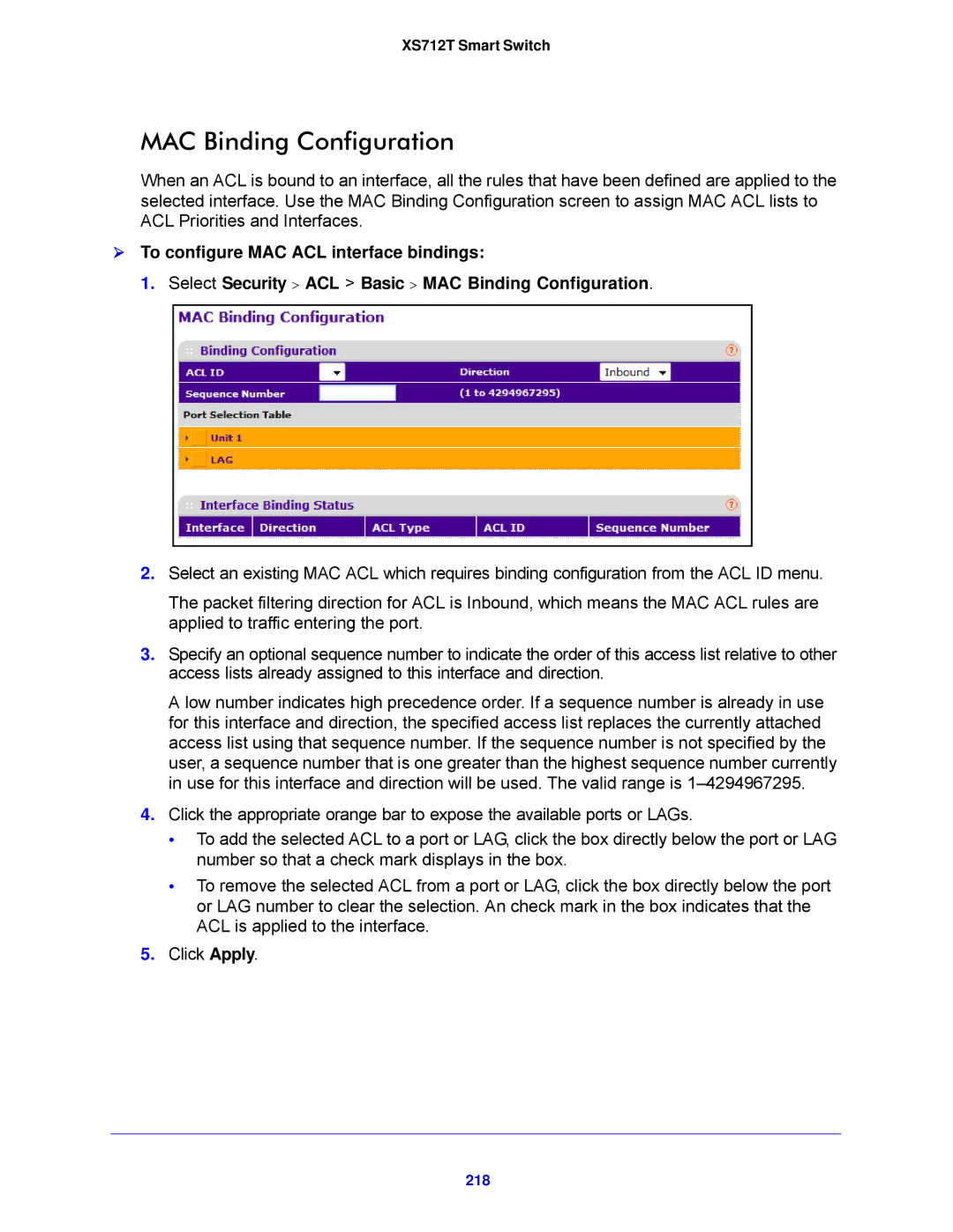 NETGEAR XS712T-100NES manual MAC Binding Configuration, 218 