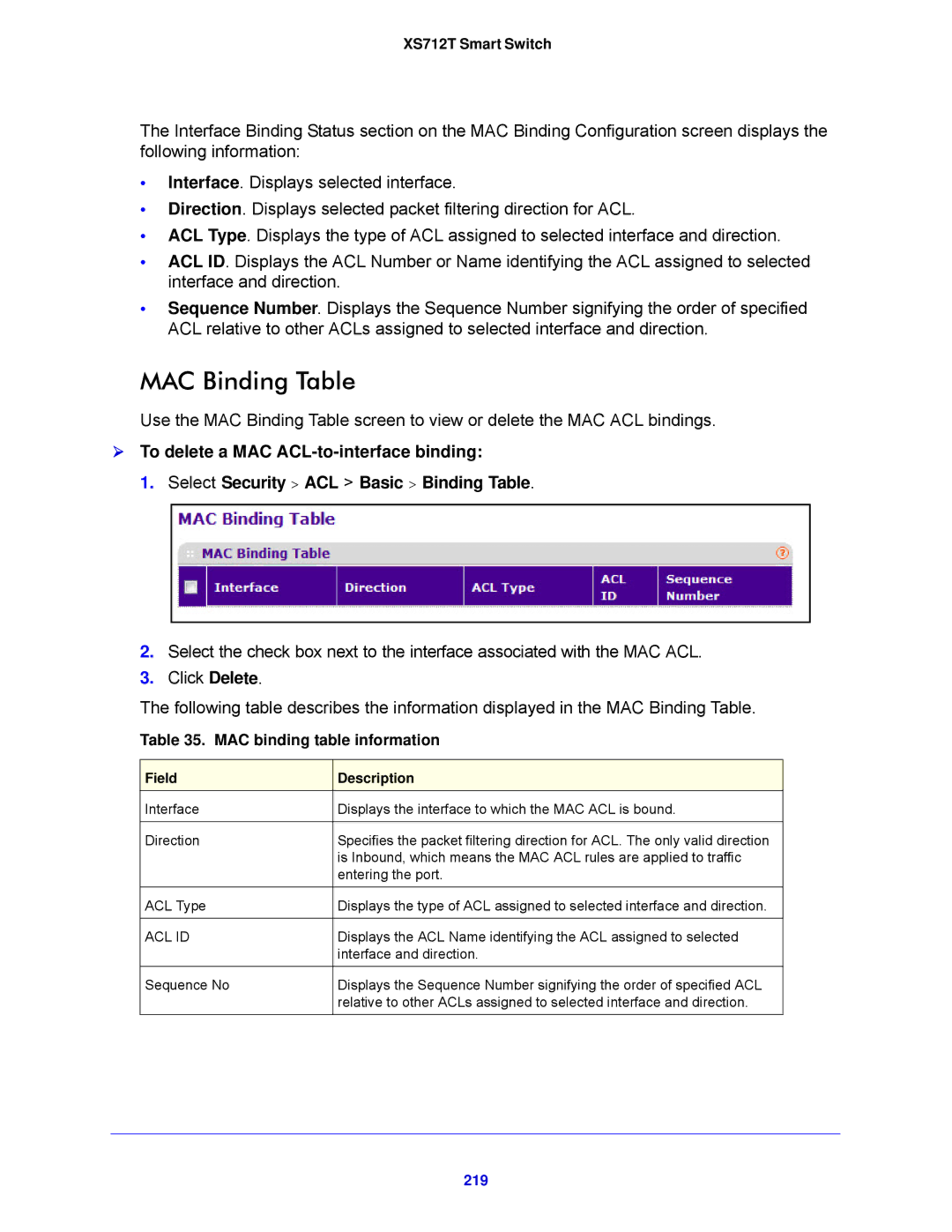 NETGEAR XS712T-100NES manual MAC Binding Table, MAC binding table information, 219 