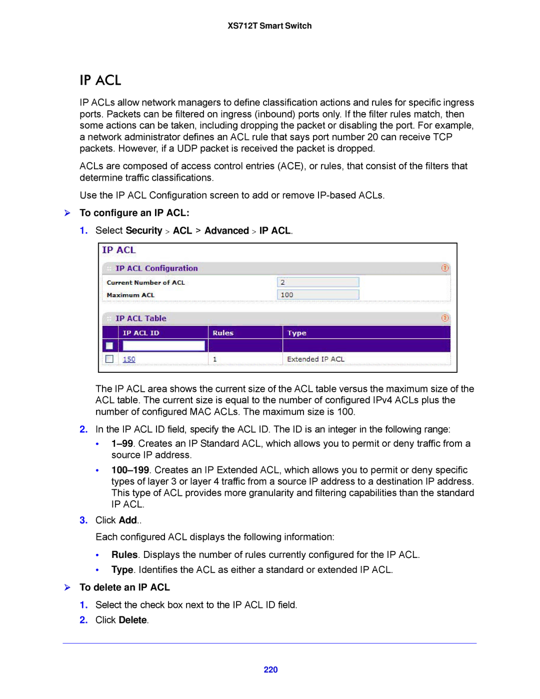 NETGEAR XS712T-100NES manual  To delete an IP ACL, 220 