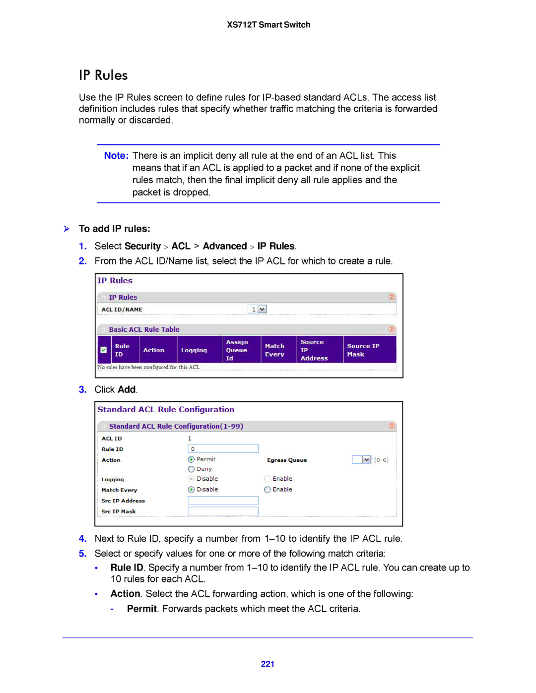 NETGEAR XS712T-100NES manual  To add IP rules Select Security ACL Advanced IP Rules, 221 