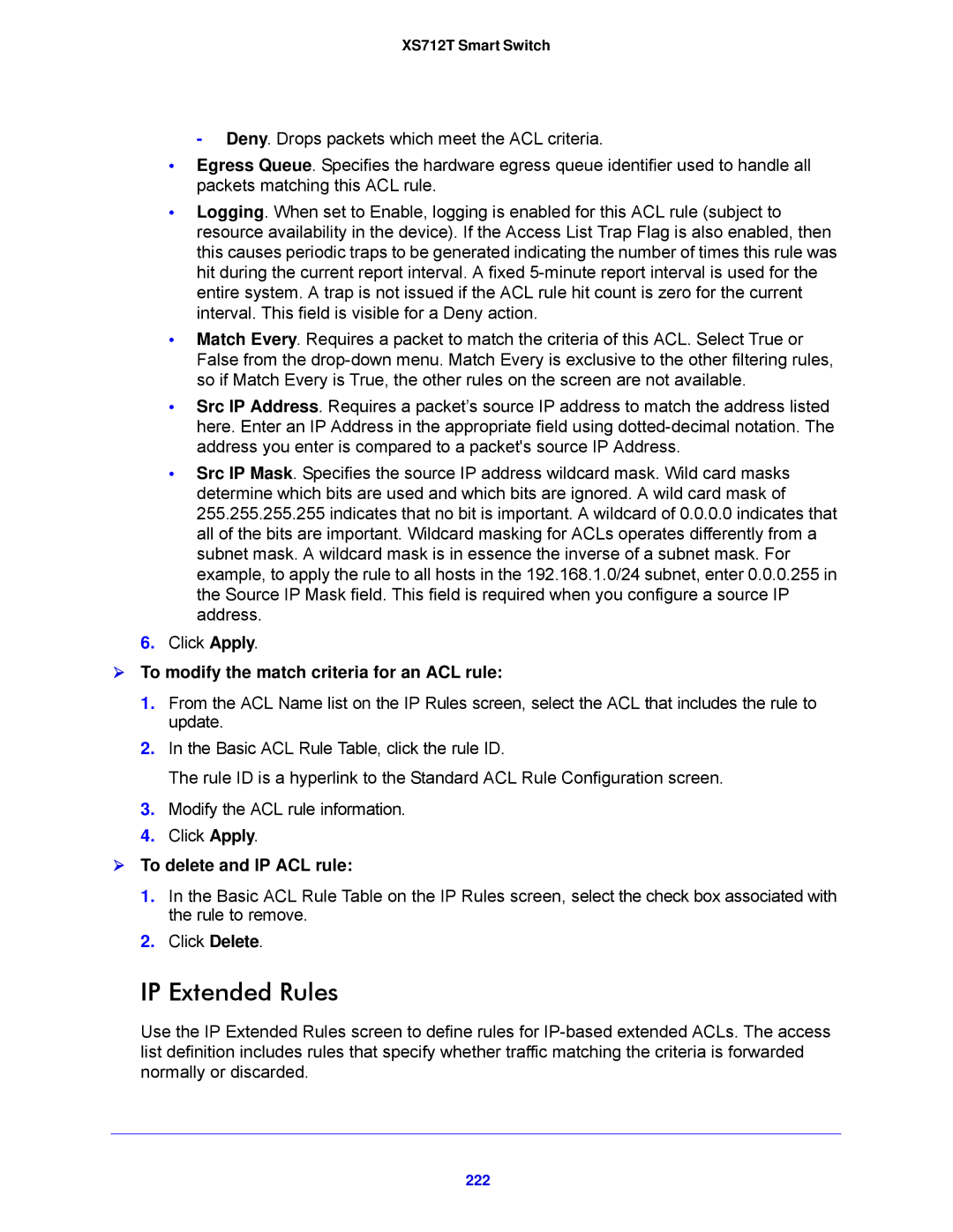 NETGEAR XS712T-100NES IP Extended Rules,  To modify the match criteria for an ACL rule,  To delete and IP ACL rule, 222 