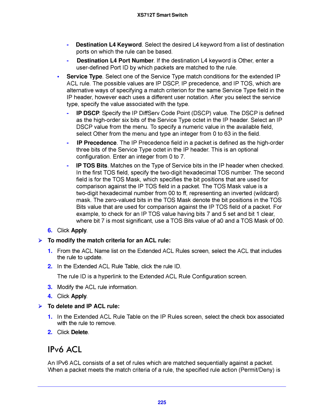 NETGEAR XS712T-100NES manual IPv6 ACL, 225 