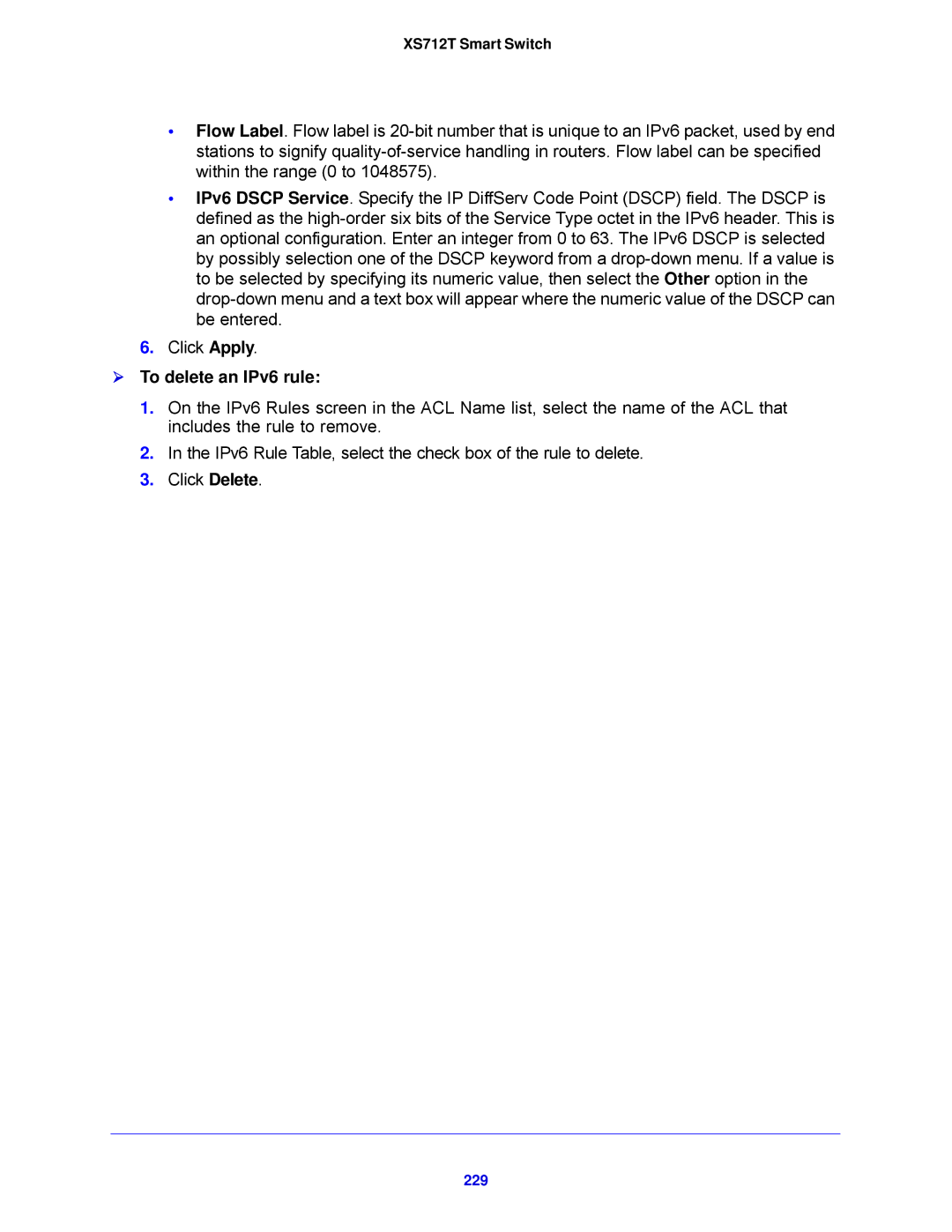 NETGEAR XS712T-100NES manual  To delete an IPv6 rule, 229 