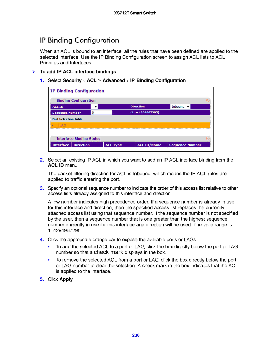 NETGEAR XS712T-100NES manual IP Binding Configuration, 230 