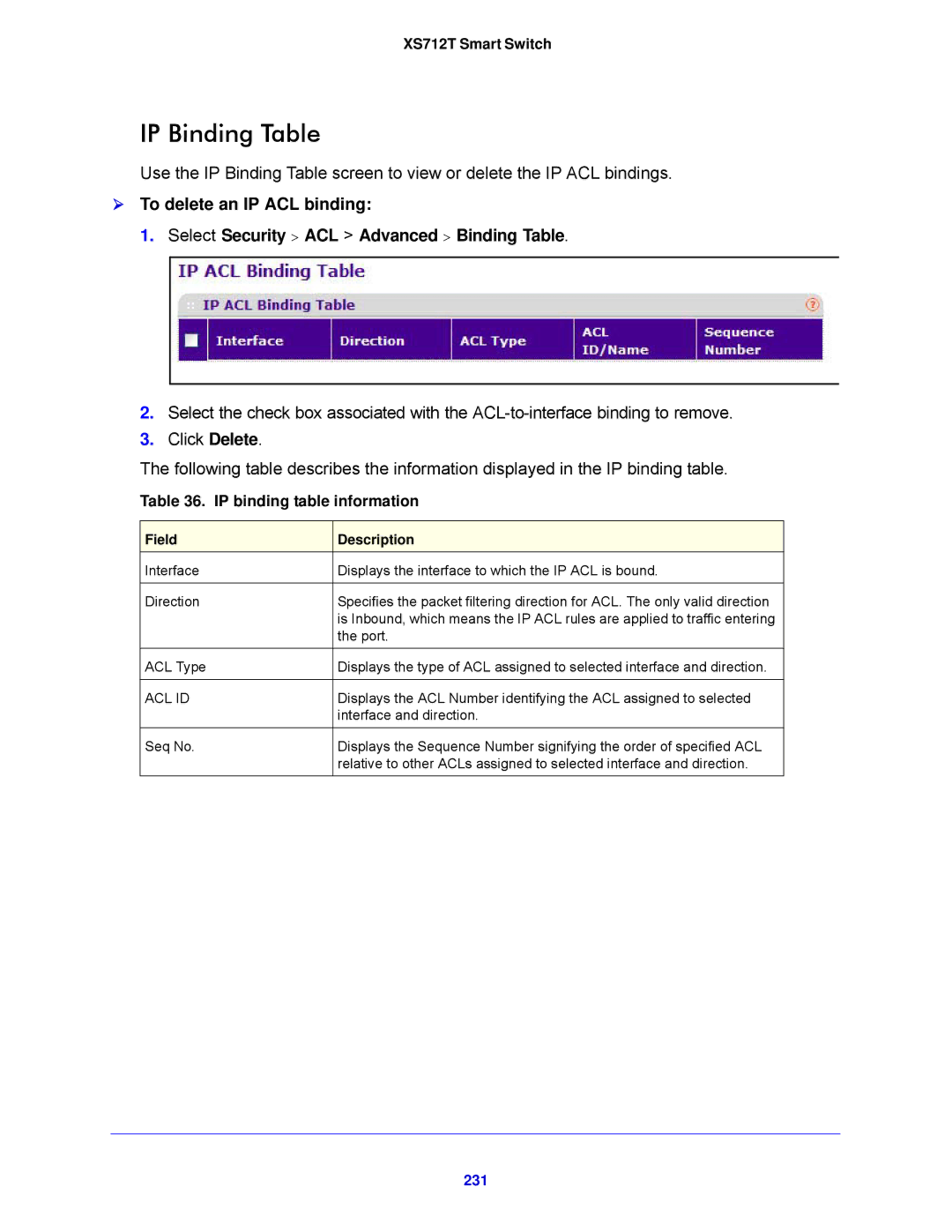 NETGEAR XS712T-100NES manual IP Binding Table, IP binding table information, 231 