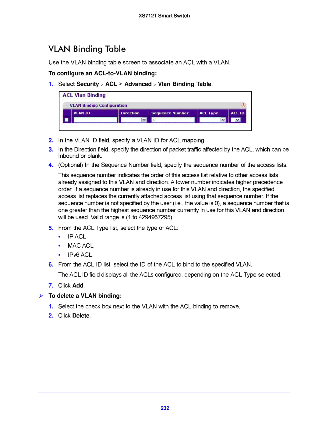 NETGEAR XS712T-100NES manual Vlan Binding Table,  To delete a Vlan binding, 232 