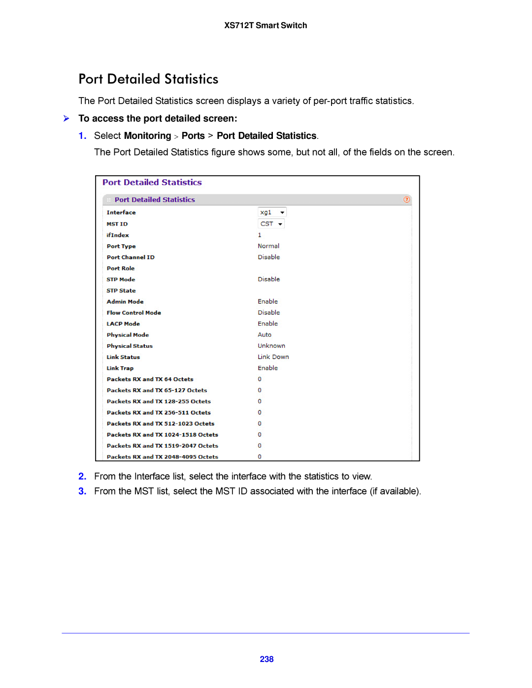 NETGEAR XS712T-100NES manual Port Detailed Statistics, 238 