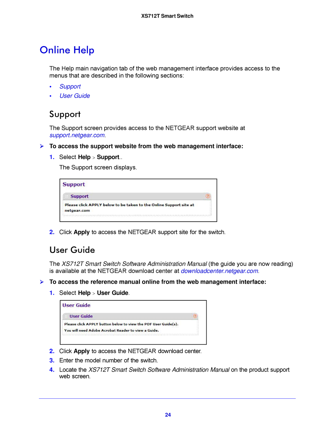 NETGEAR XS712T-100NES manual Online Help, Support, User Guide 