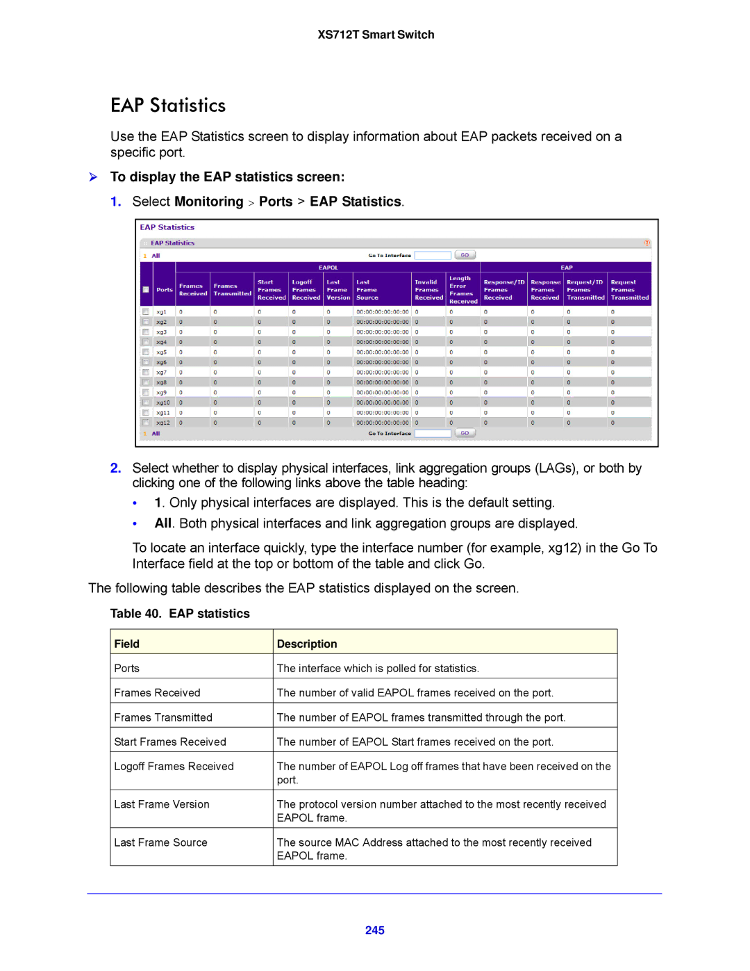 NETGEAR XS712T-100NES manual EAP Statistics, EAP statistics, 245 