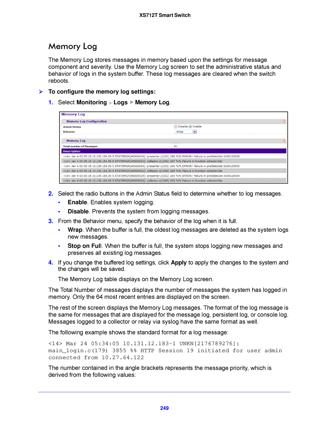 NETGEAR XS712T-100NES manual Memory Log, 249 