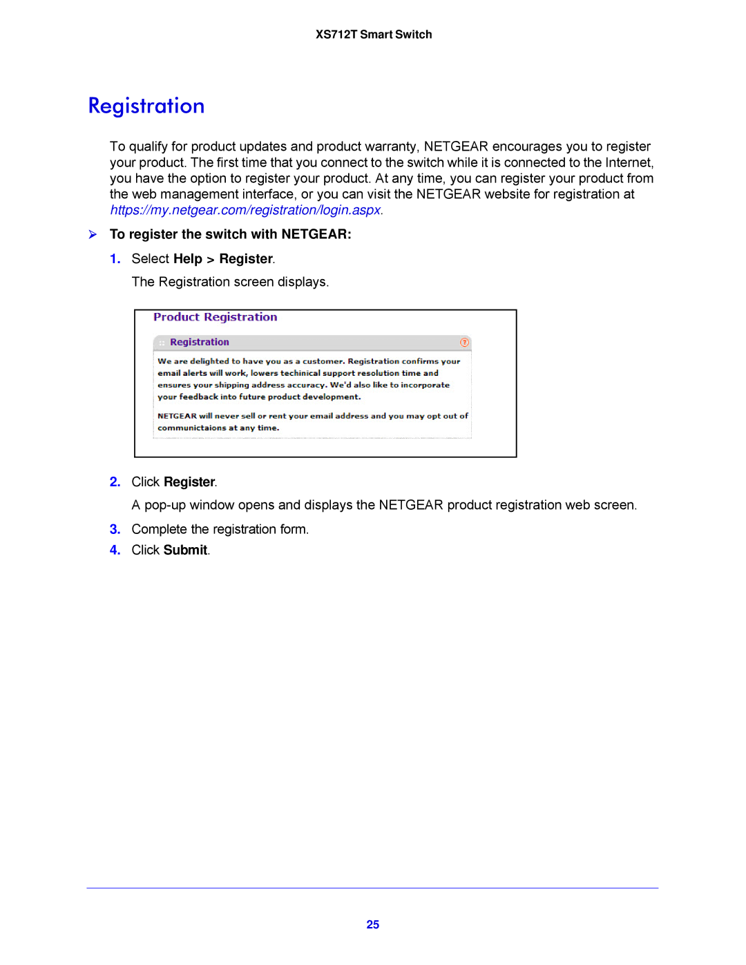 NETGEAR XS712T-100NES manual Registration,  To register the switch with Netgear Select Help Register, Click Register 