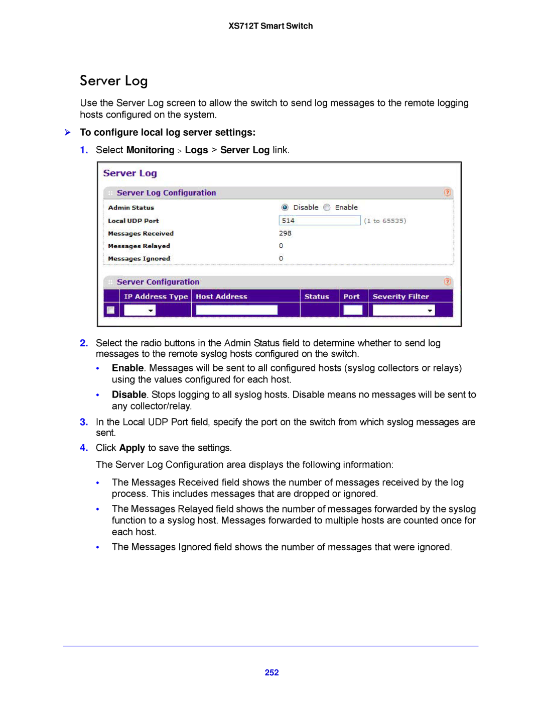 NETGEAR XS712T-100NES manual Server Log, 252 