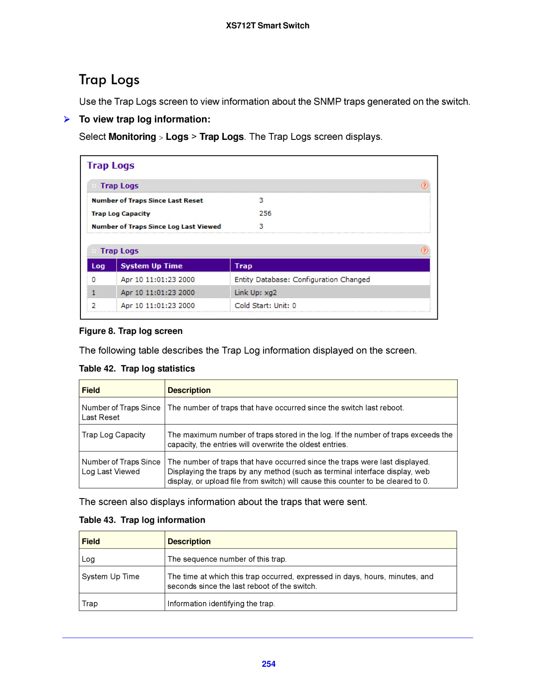 NETGEAR XS712T-100NES manual Trap Logs,  To view trap log information, Trap log statistics, Trap log information, 254 