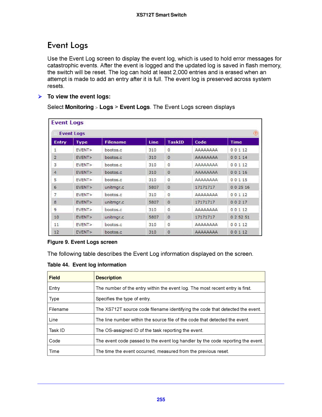 NETGEAR XS712T-100NES manual Event Logs,  To view the event logs, Event log information, 255 