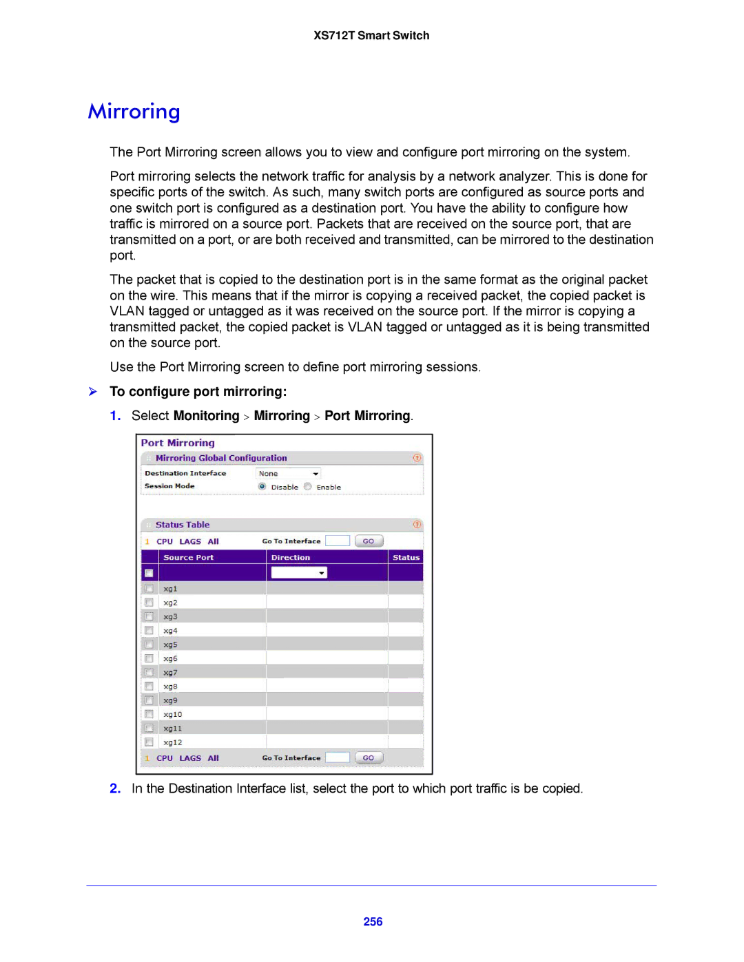 NETGEAR XS712T-100NES manual Mirroring, 256 