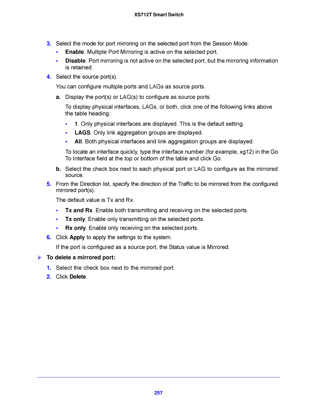 NETGEAR XS712T-100NES manual  To delete a mirrored port, 257 