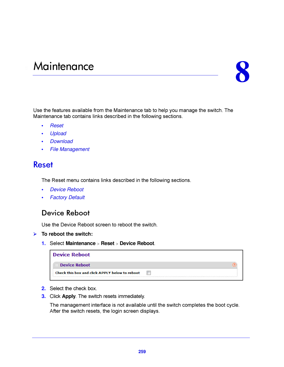 NETGEAR XS712T-100NES manual Reset, Device Reboot, 259 