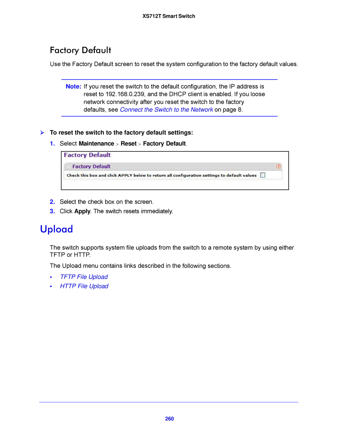 NETGEAR XS712T-100NES manual Upload, Factory Default, 260 