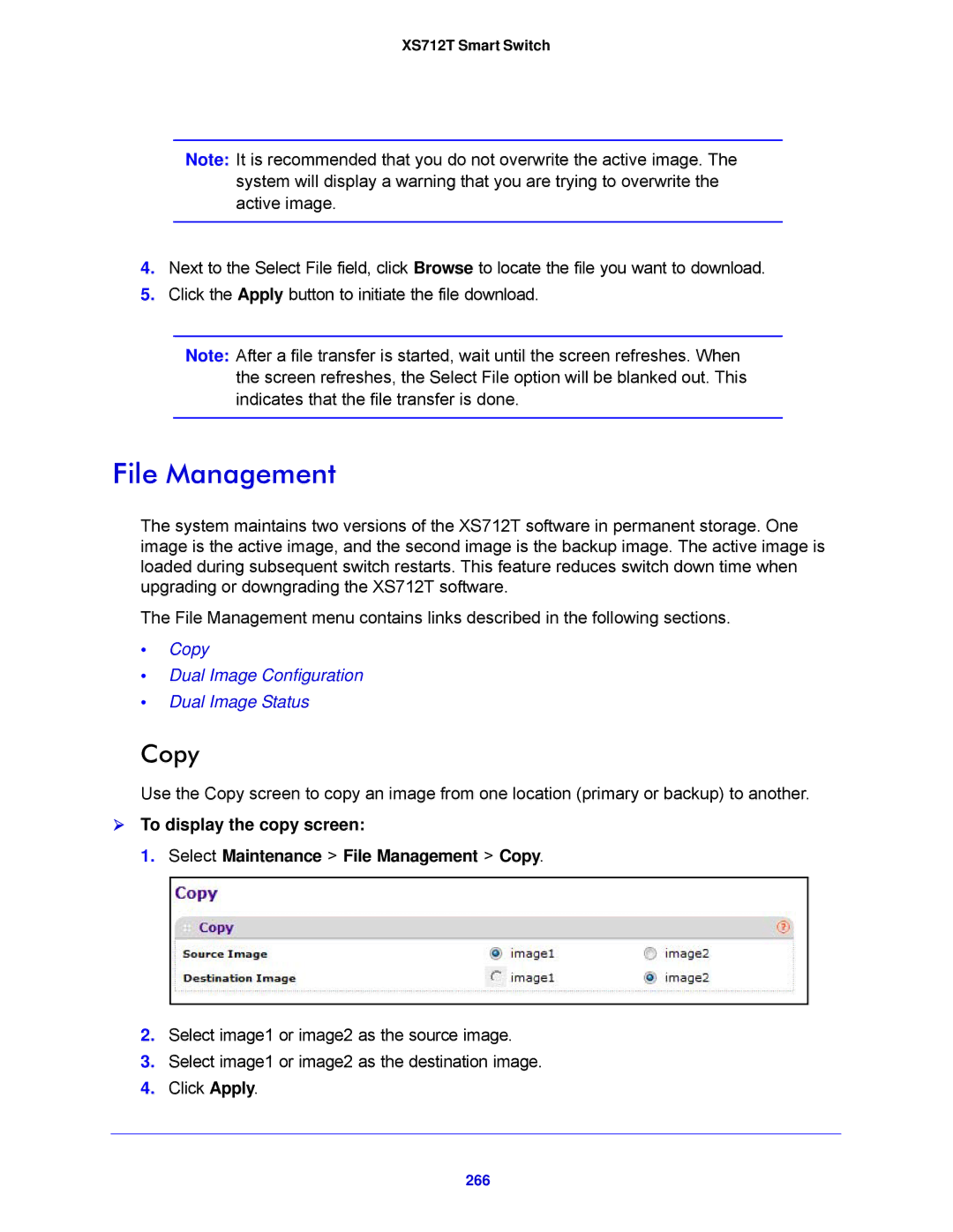 NETGEAR XS712T-100NES manual File Management, Copy, 266 