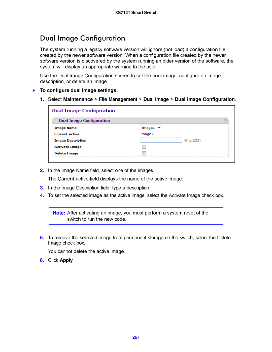 NETGEAR XS712T-100NES manual Dual Image Configuration, 267 