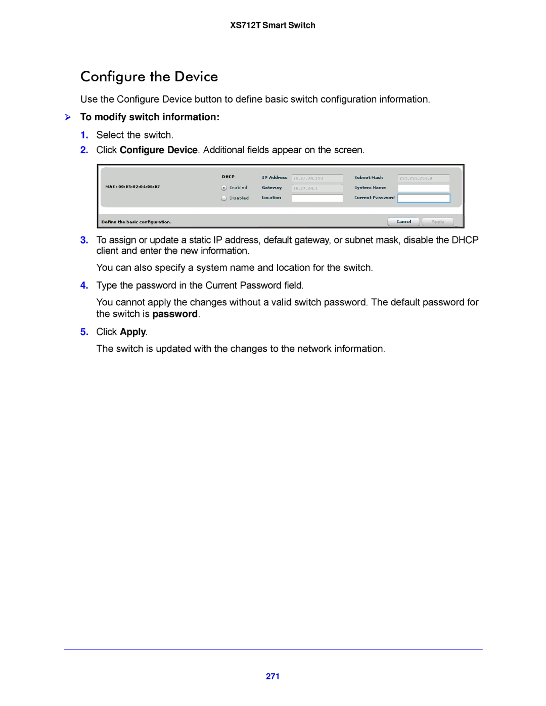 NETGEAR XS712T-100NES manual Configure the Device,  To modify switch information, 271 